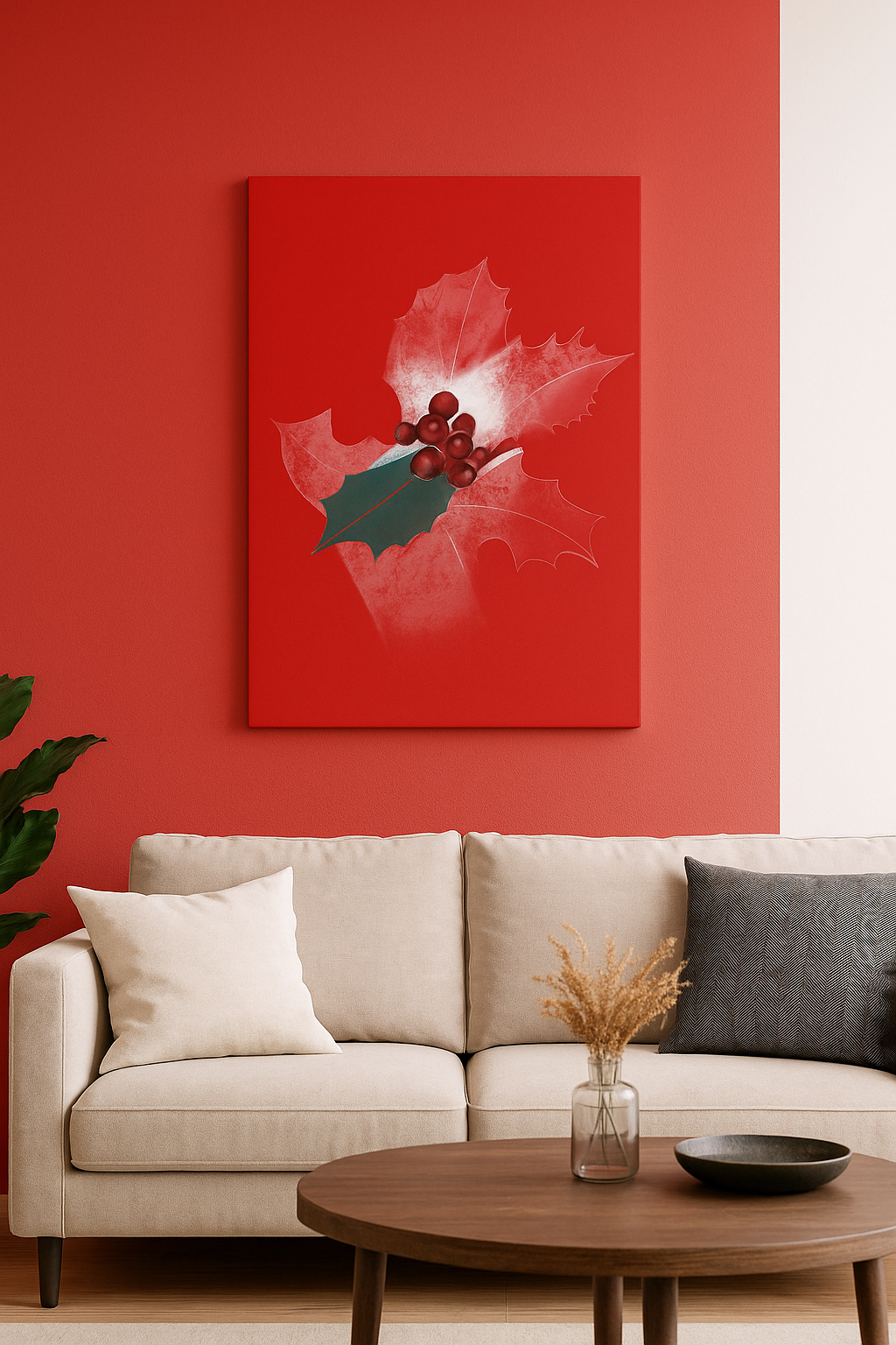 Holly birth flower canvas wall art displayed in a modern living room with warm, cozy decor.