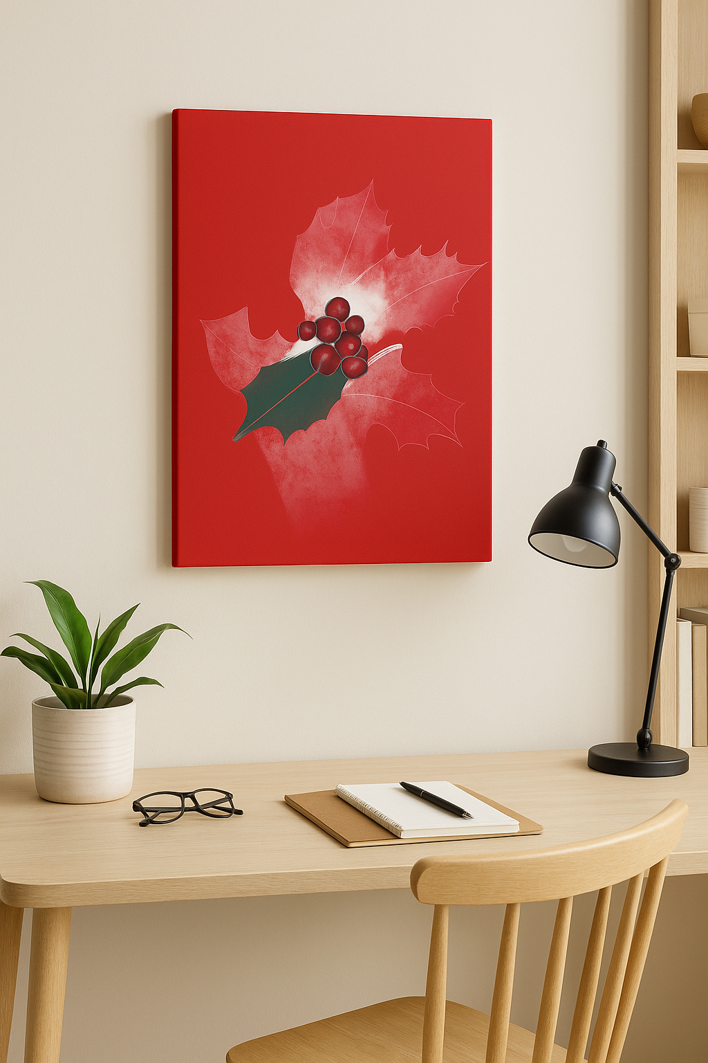 Holly birth flower canvas wall art shown in a bright, modern home office setting.