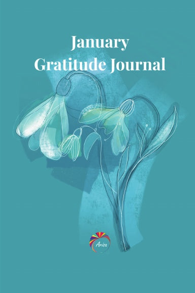 January Gratitude Journal with Snowdrop flower artwork on turquoise background — ArisaTeam journal cover.
