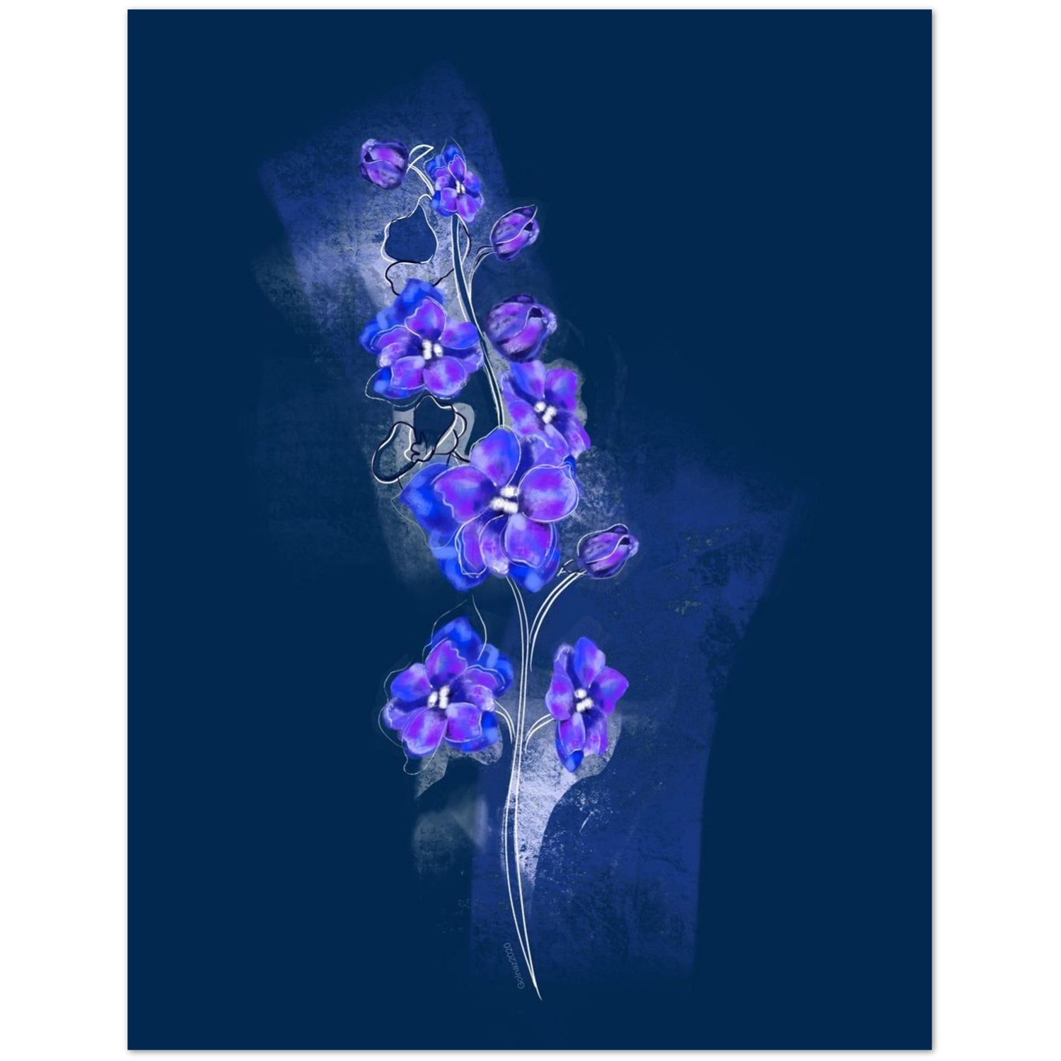 July Larkspur birth flower greeting card design with purple floral illustration