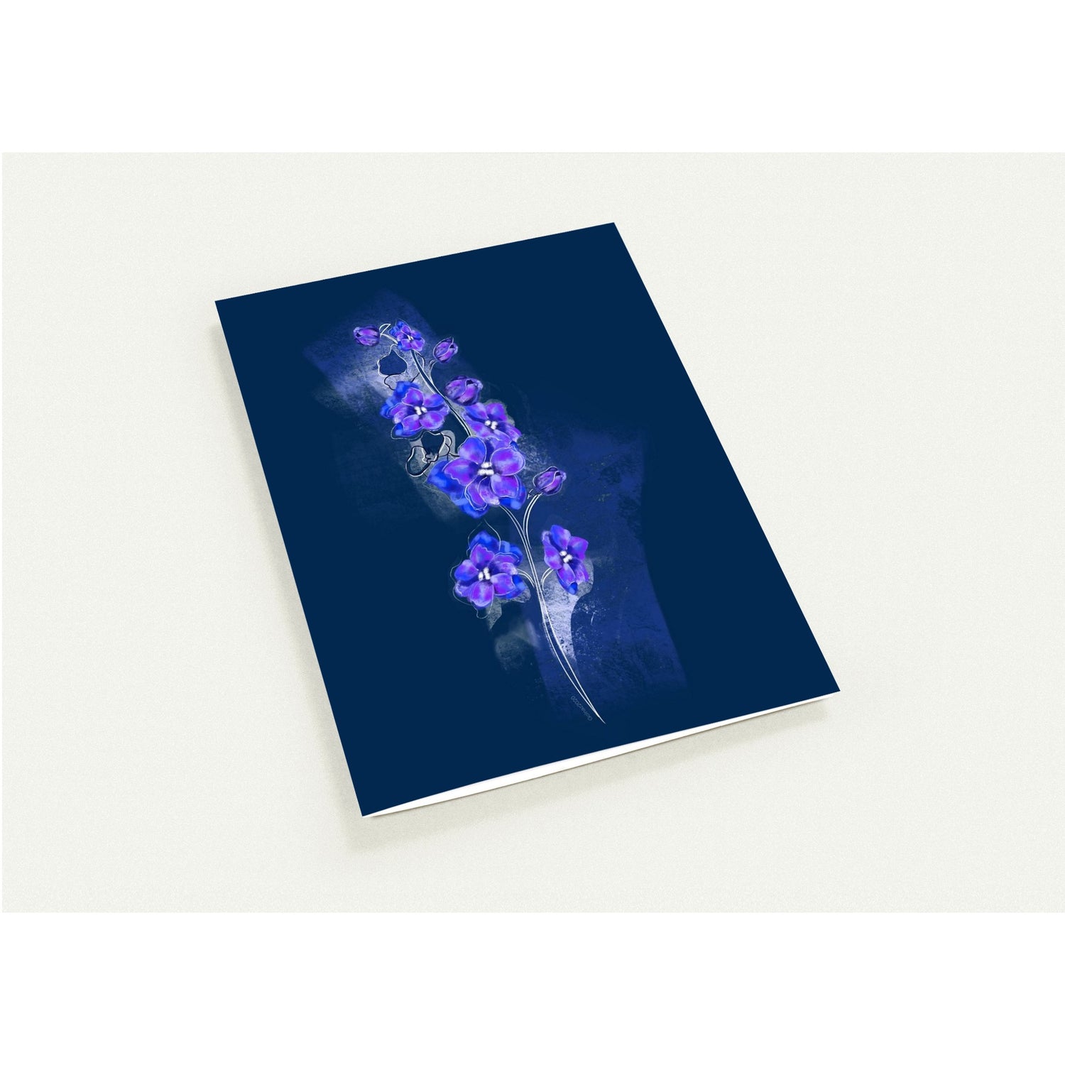 July Larkspur birth flower greeting card on light background