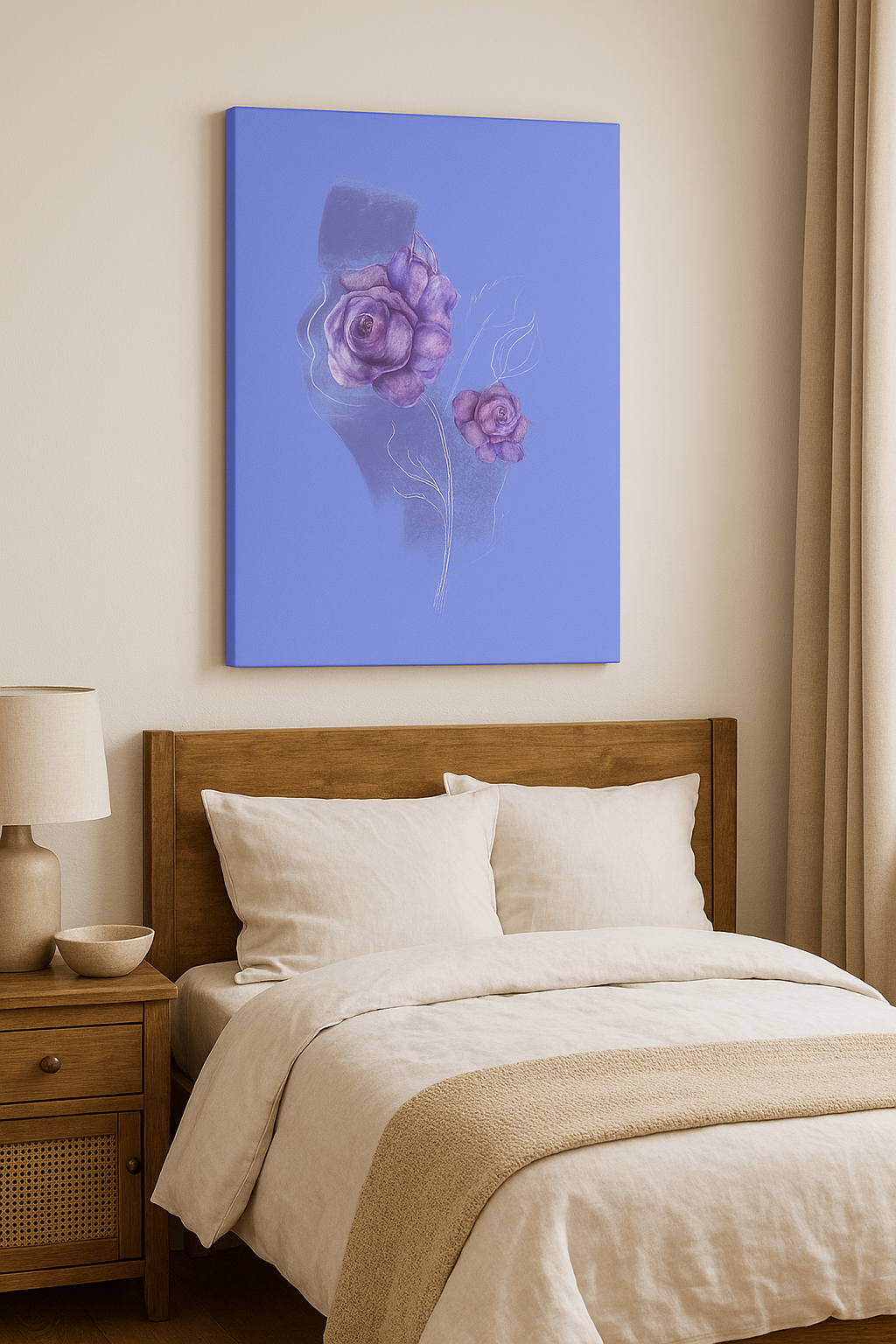 June Rose Birth Flower Canvas hanging above a cozy bed in a bright, minimalist bedroom.