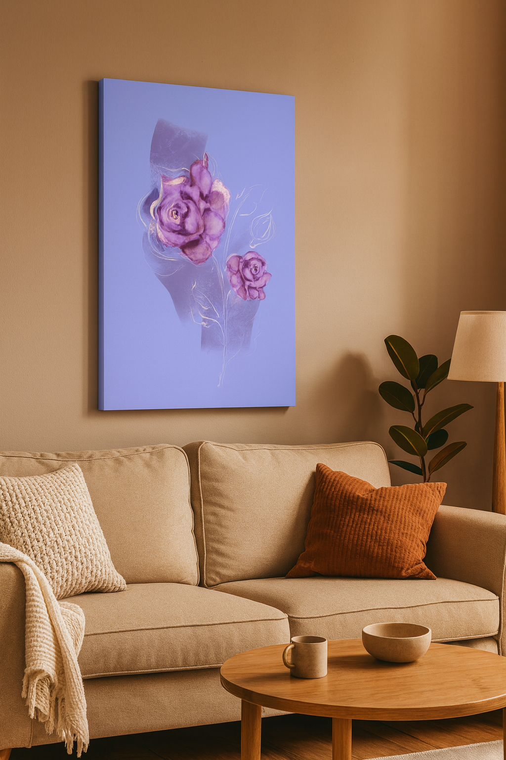 June Rose Birth Flower Canvas displayed in a warm, modern living room above a sofa.