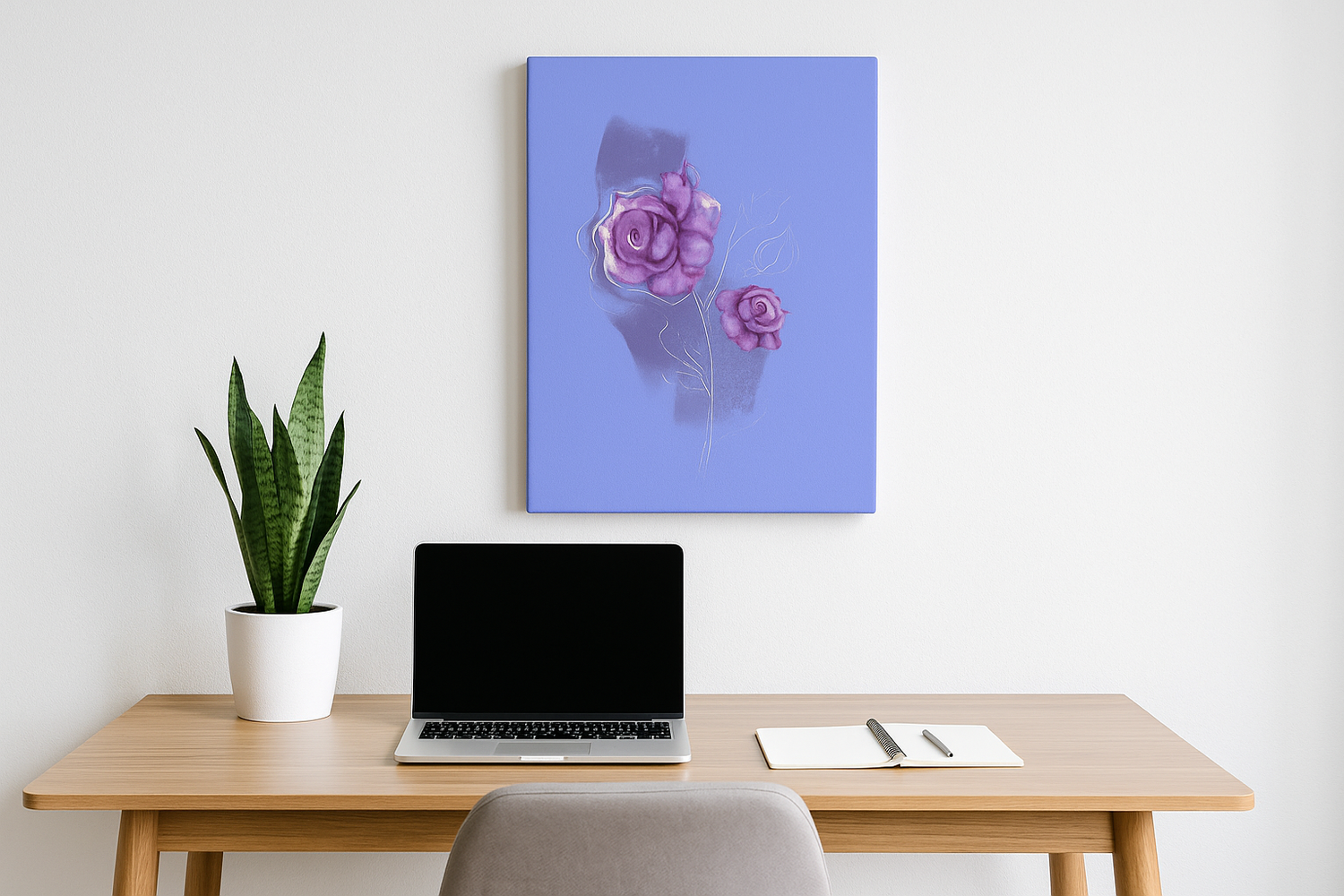 June Rose Birth Flower Canvas shown in a stylish home office with natural light and plants.