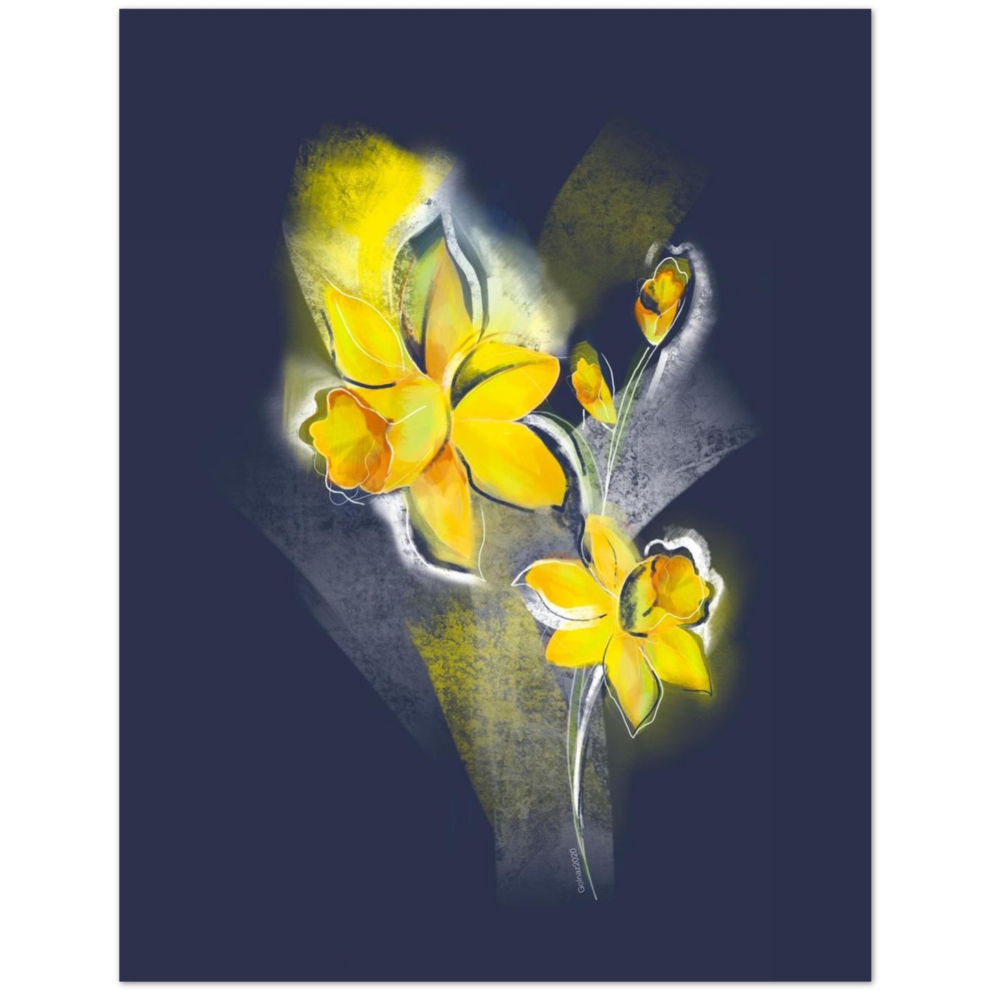 March daffodil birth flower artwork on greeting card – bright yellow daffodil illustration