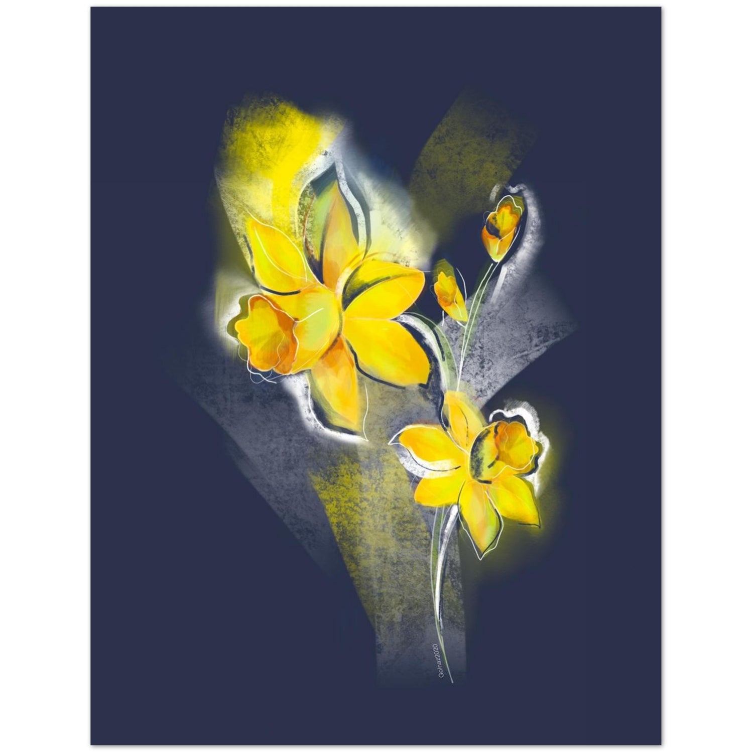 March daffodil birth flower artwork on greeting card – bright yellow daffodil illustration