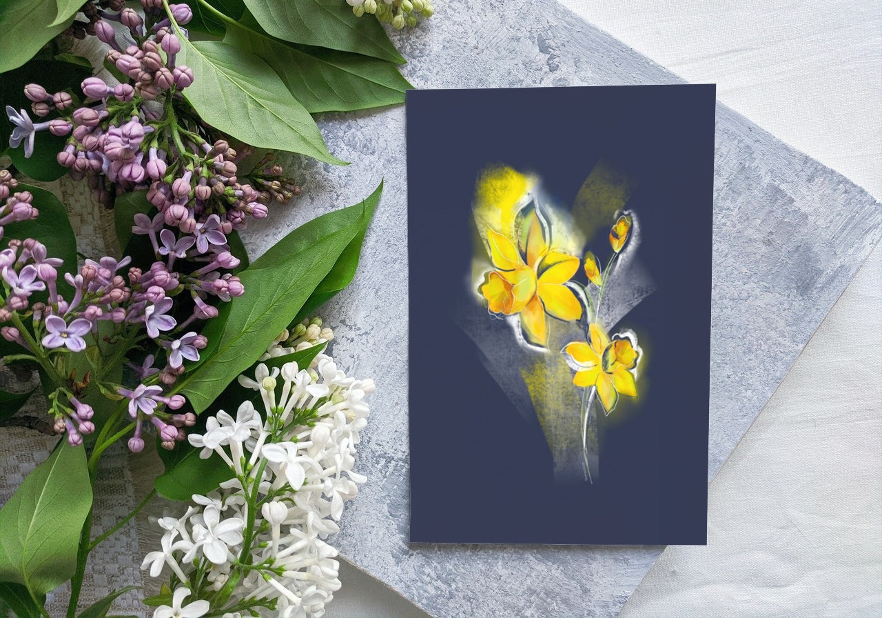 March daffodil greeting card displayed with flowers – botanical birth flower card set