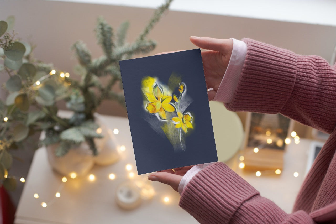 March daffodil greeting card held in hand – floral birth month stationery