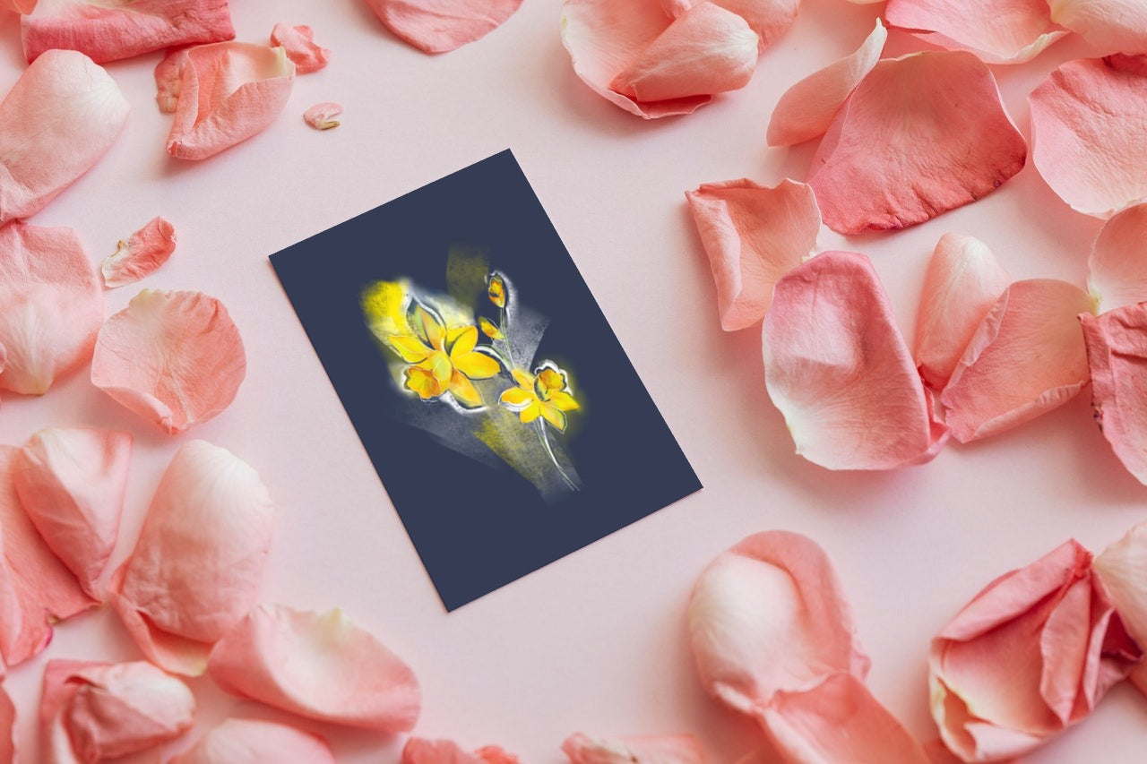 March daffodil birth flower greeting card surrounded by pink petals – floral stationery pack of 10