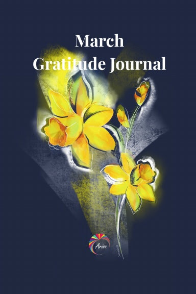 Cover of the March Gratitude Journal featuring a daffodil illustration by ArisaTeam.