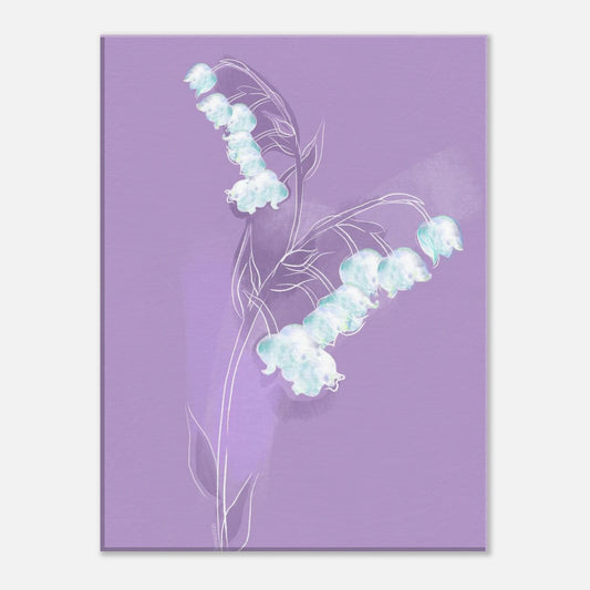 Lily of the Valley birth flower illustration on a soft purple background.