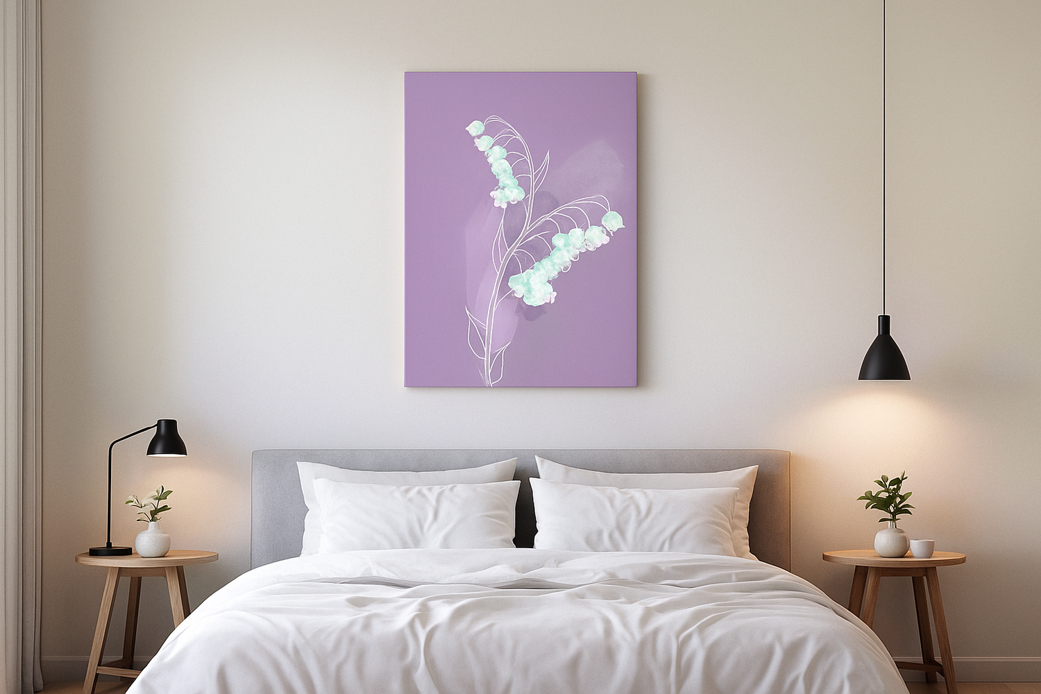 Lily of the Valley birth flower canvas hanging above a cozy bedroom setting.