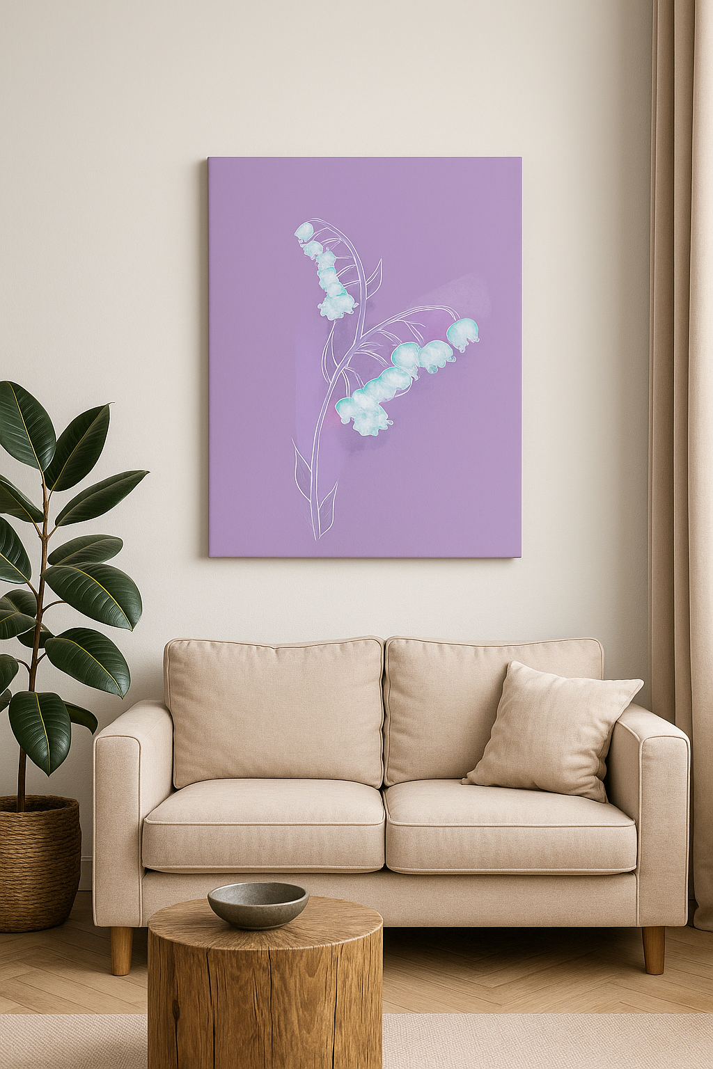 Lily of the Valley birth flower canvas displayed in a modern office workspace.