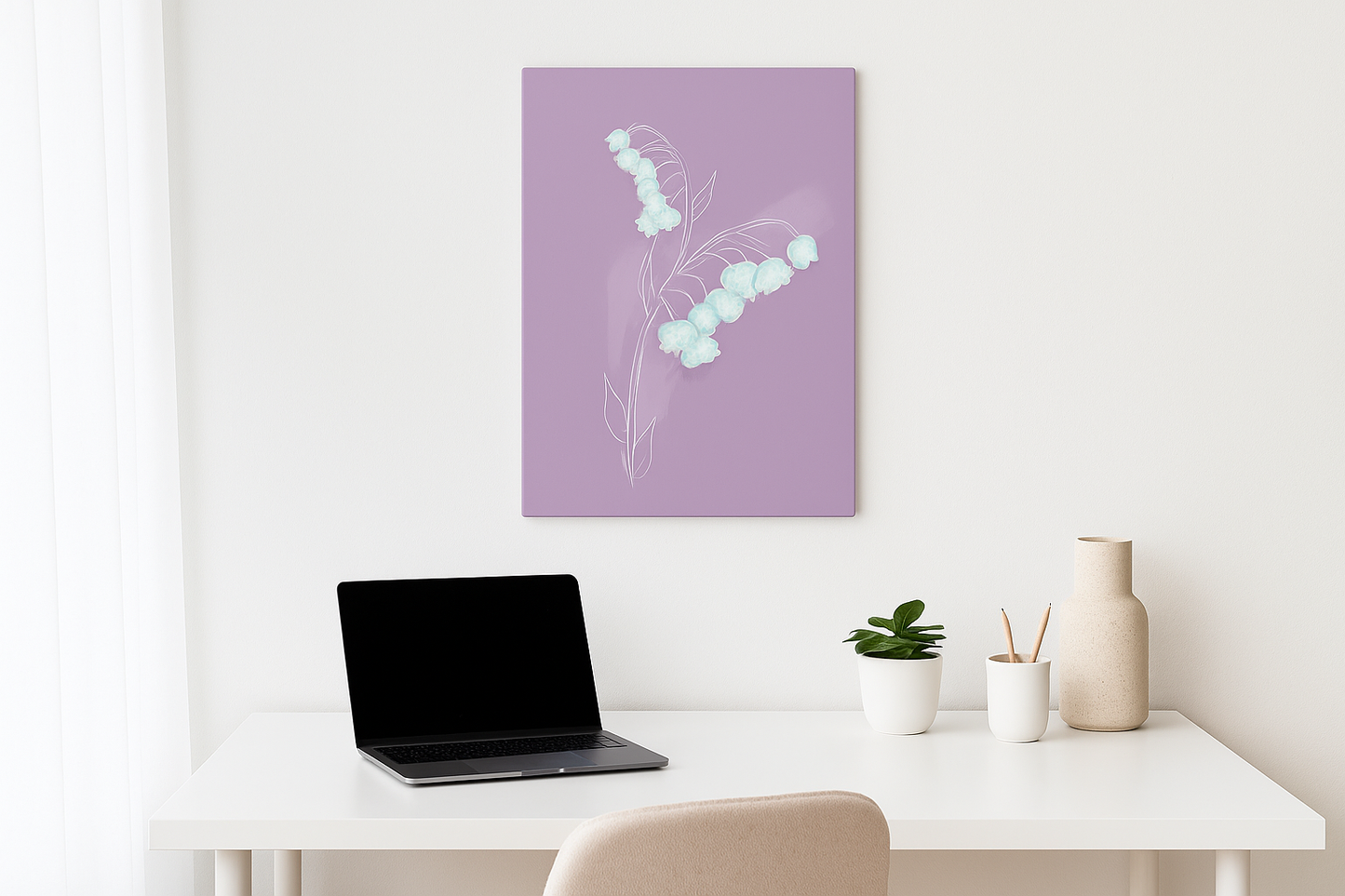Lily of the Valley birth flower canvas displayed in a modern office workspace.
