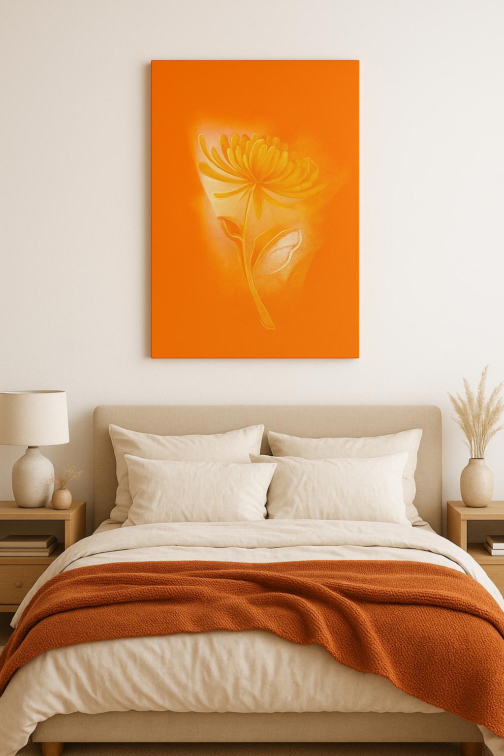 Chrysanthemum Birth Flower canvas hanging above a cozy bedroom setup.