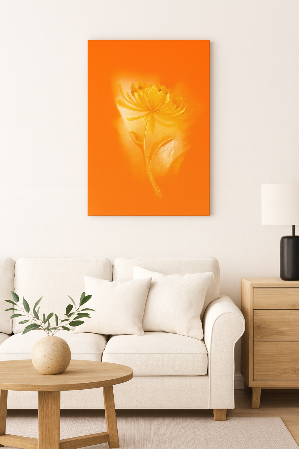 Chrysanthemum Birth Flower canvas displayed in a modern living room setting.