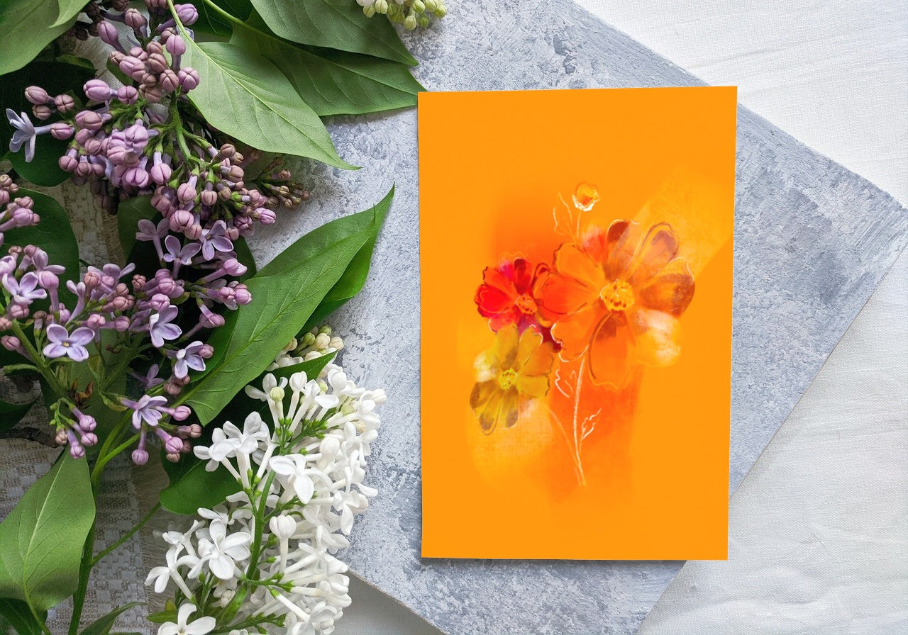Cosmos birth flower greeting card displayed with floral arrangement