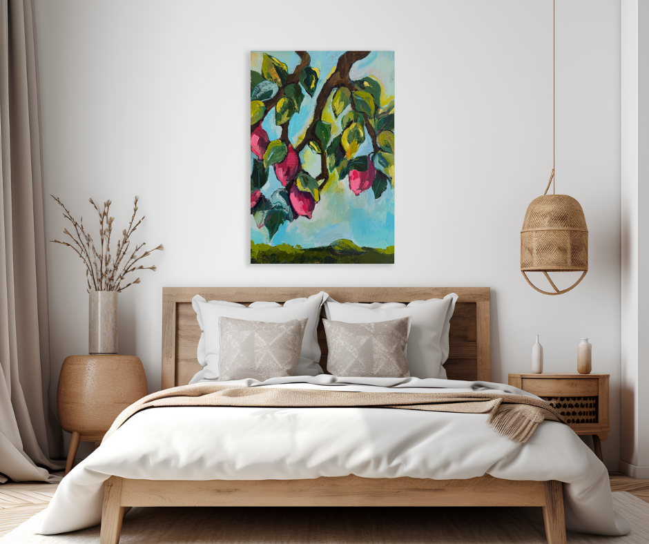 Purple lemons canvas wall art with vibrant fruit and green leaves displayed above a bed in a calm modern bedroom
