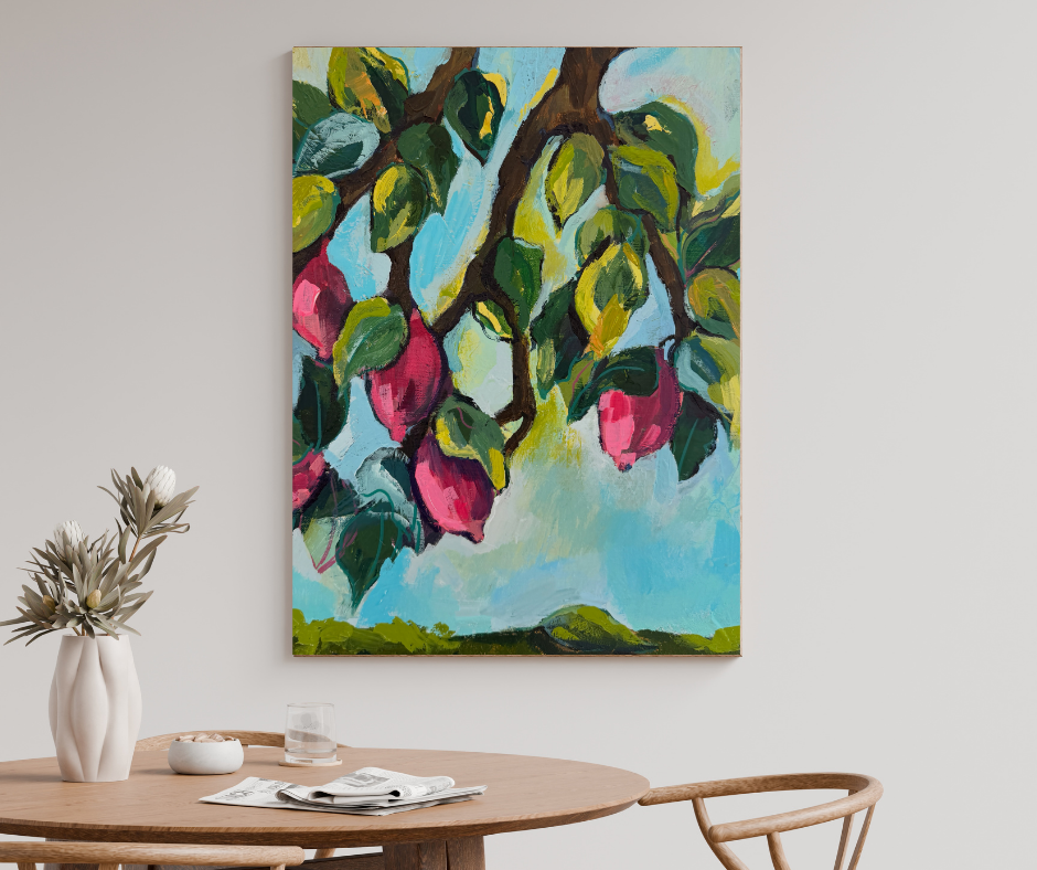 Purple lemons canvas wall art with vibrant fruit and green leaves displayed above a dining table in a modern minimalist space