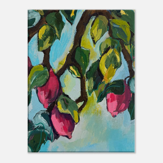 Purple Lemons canvas wall art featuring vibrant fruit on a tree branch with bold colors and expressive brushstrokes in a modern artistic style