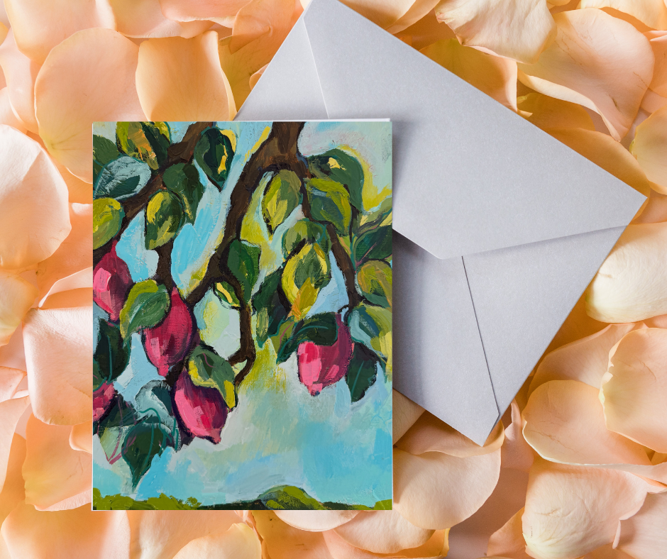 Purple lemons greeting card with envelope placed on soft peach flower petals, elegant botanical stationery gift