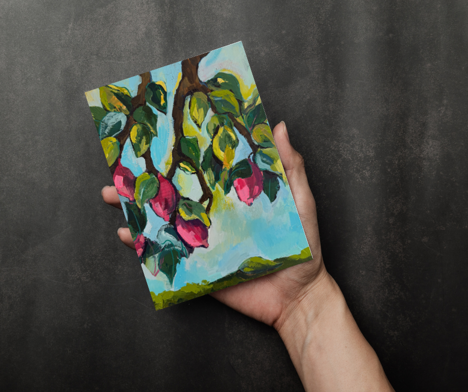 Purple lemons greeting card held in hand showing size and vibrant botanical artwork on a dark background