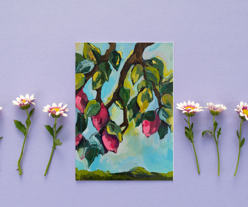 Purple lemons greeting card with abstract botanical artwork displayed on a soft purple background with decorative flowers