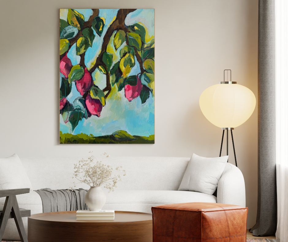Purple lemons canvas wall art with vibrant fruit and green leaves displayed above a sofa in a bright modern living room