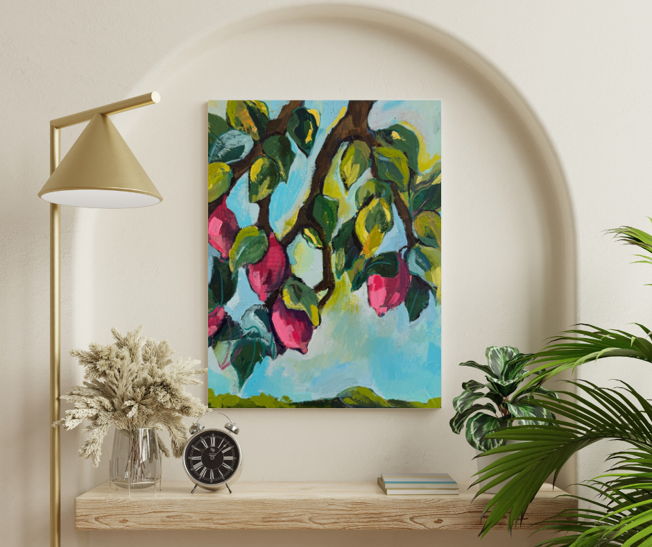 Purple lemons canvas wall art with vibrant fruit and green leaves displayed above a wooden shelf with decor in a bright neutral interior