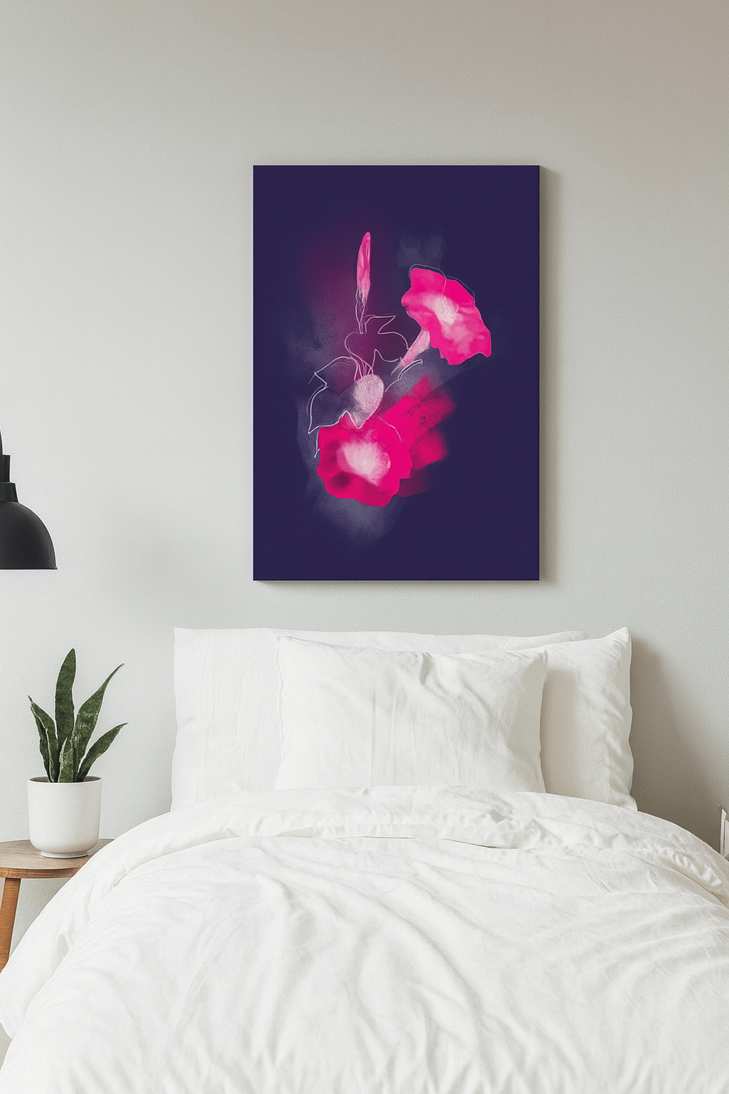 Morning Glory birth flower canvas hanging above a cozy bedroom setting