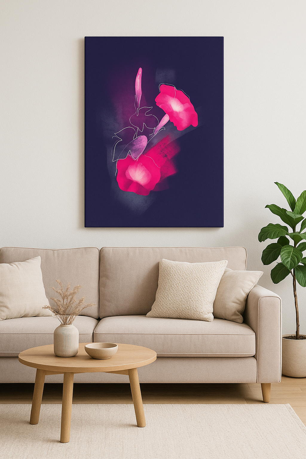 Morning Glory birth flower canvas wall art styled in a modern living room