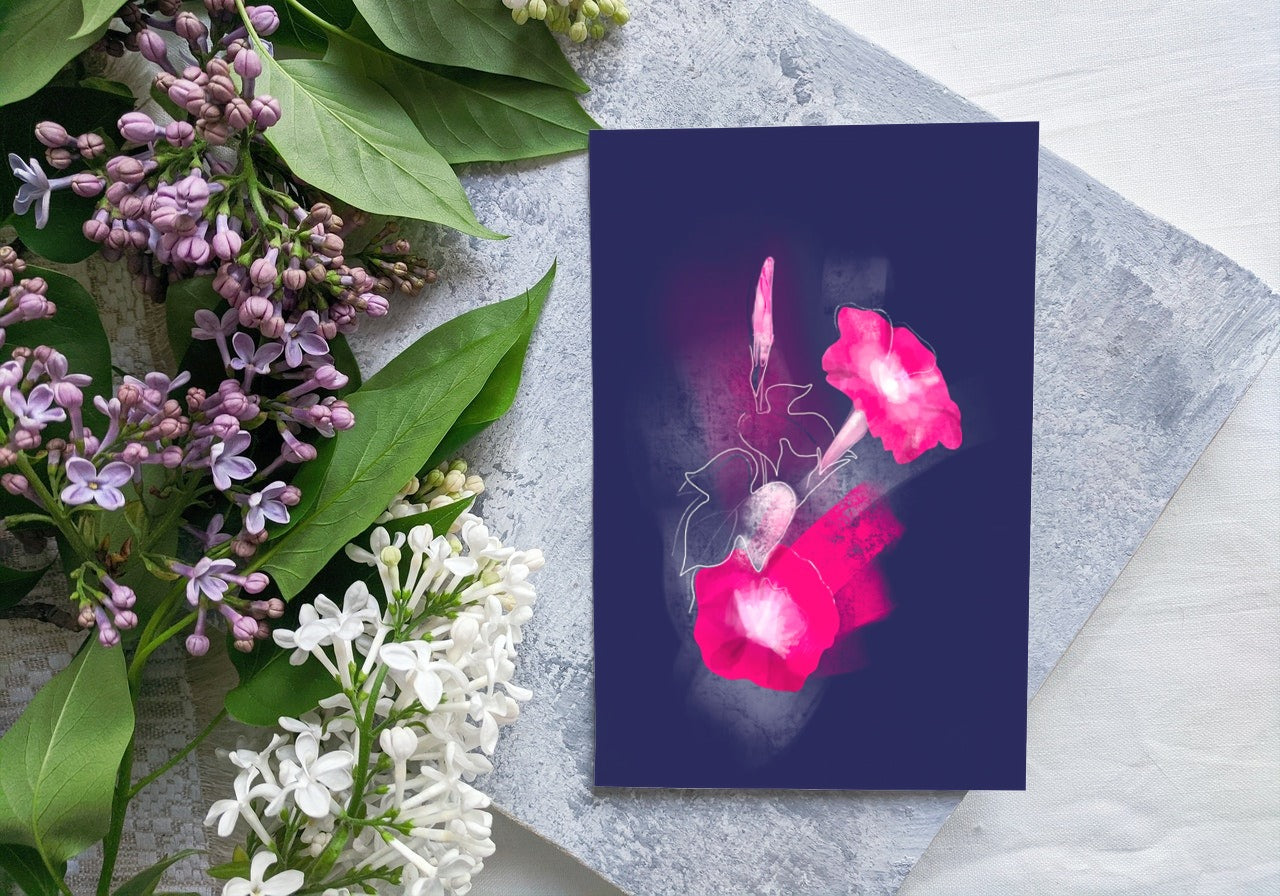 Morning Glory September birth flower greeting card displayed in a floral setting