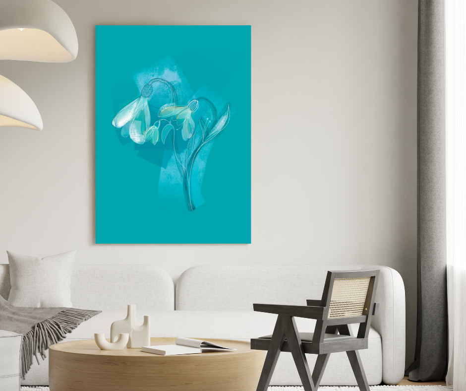 January snowdrop flower canvas print displayed in a living room – modern floral wall decor.