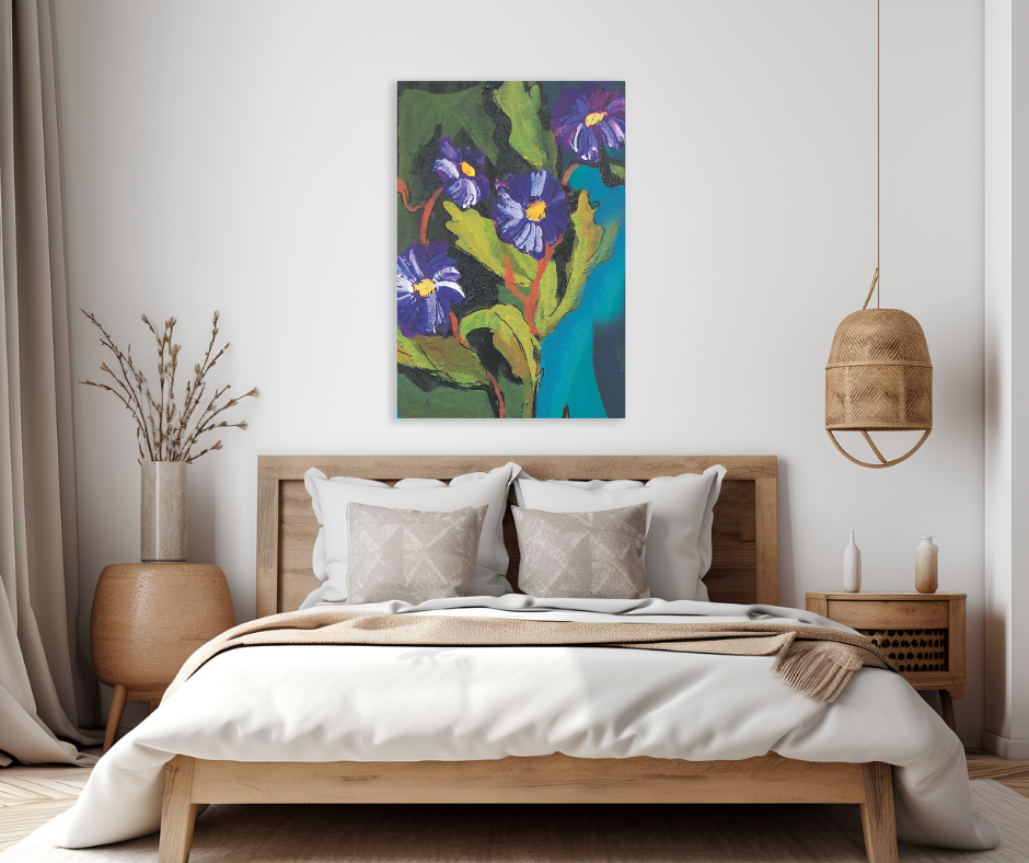 Velvet Bloom canvas wall art with rich purple flowers and expressive brushstrokes displayed above a bed in a calm modern bedroom