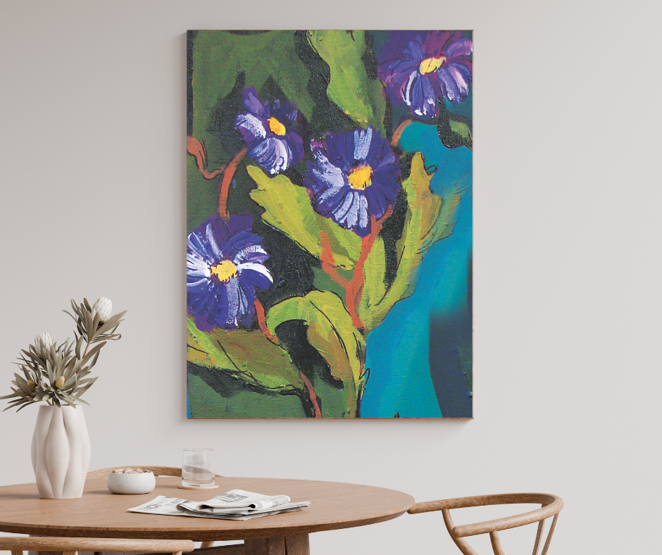 Velvet Bloom canvas wall art with rich purple flowers and expressive brushstrokes displayed above a dining table in a modern minimalist space