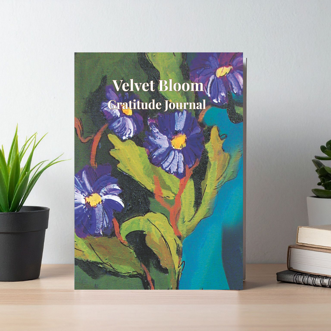 Velvet Bloom gratitude journal with floral artwork cover, designed for mindfulness, daily reflection, and gifting