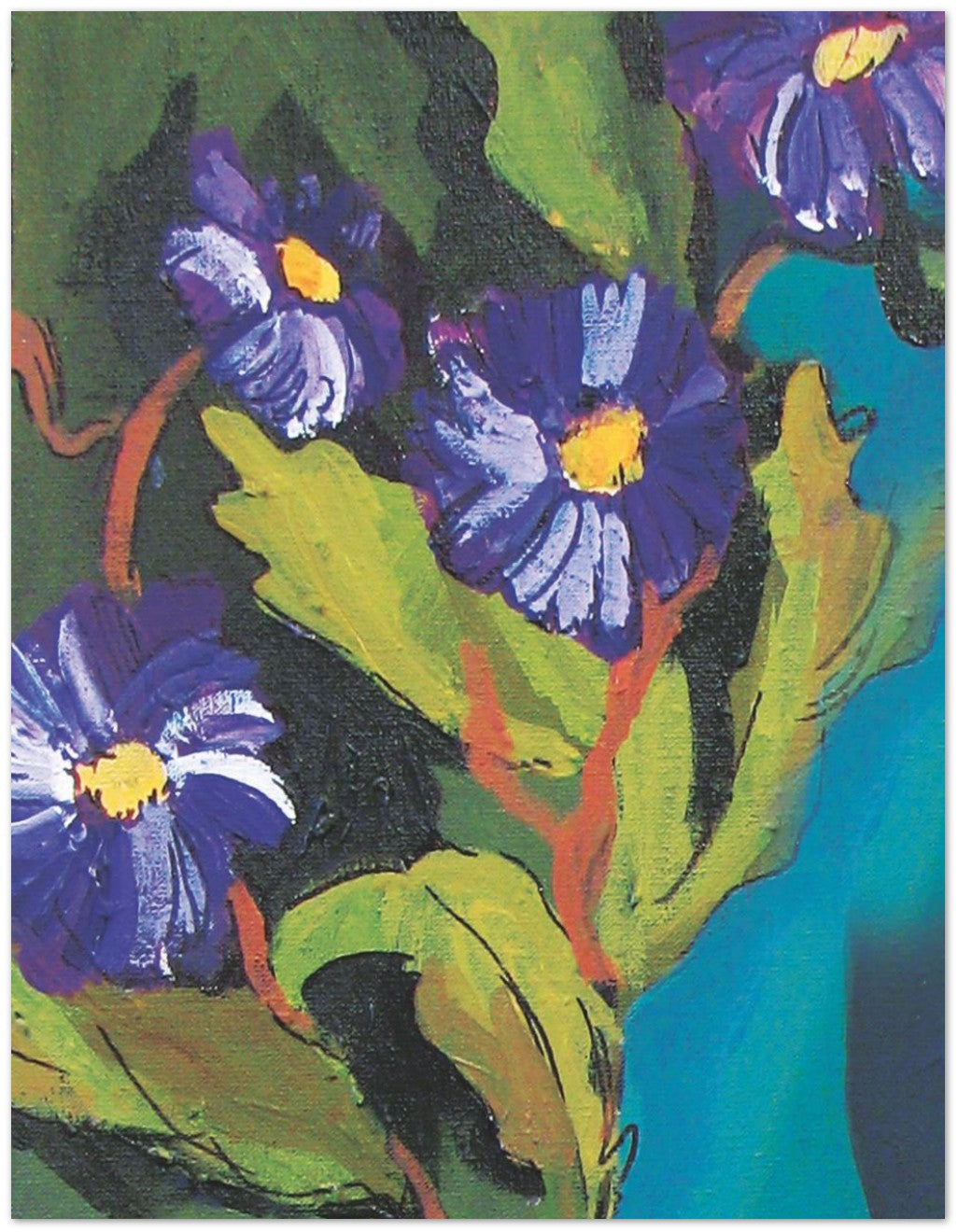 Close-up of velvet bloom botanical artwork showing textured brush strokes and vibrant colors on greeting card design