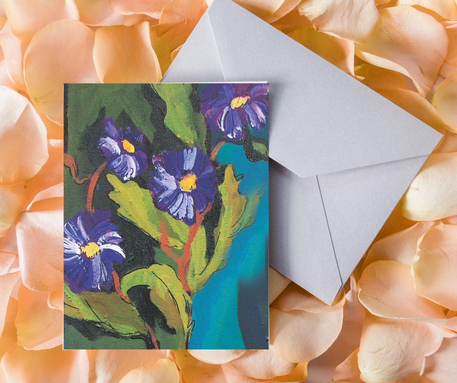Velvet Bloom greeting card with envelope on a soft floral background, featuring abstract impressionist floral artwork