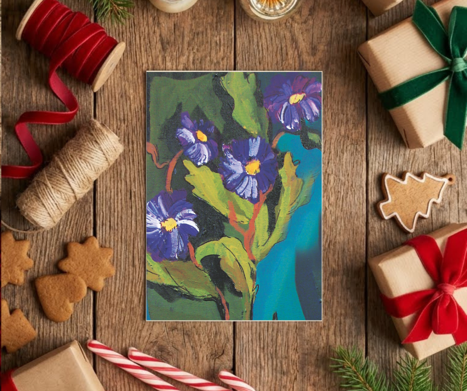 Velvet Bloom greeting card on a wooden table with gift boxes and festive decorations, featuring abstract floral artwork