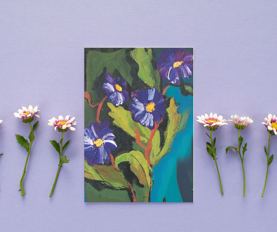Velvet Bloom greeting card displayed on a soft purple background with small flowers, featuring abstract floral artwork