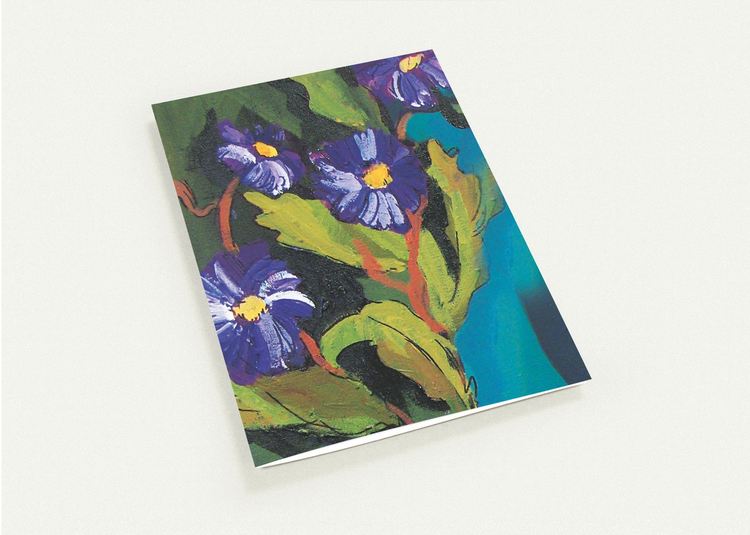 Velvet Bloom greeting card featuring abstract impressionist floral artwork with purple flowers and green leaves