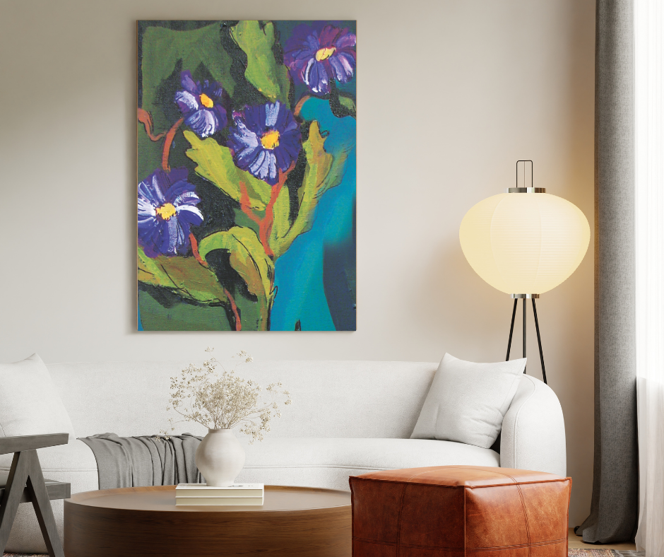 Velvet Bloom canvas wall art with rich purple flowers and expressive brushstrokes displayed above a white sofa in a modern living room