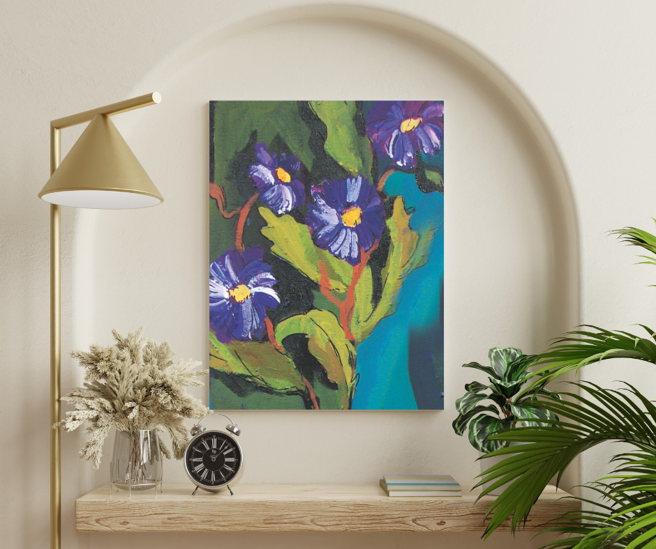 Velvet Bloom canvas wall art with rich purple flowers and expressive brushstrokes displayed above a wooden shelf with decor in a modern neutral space
