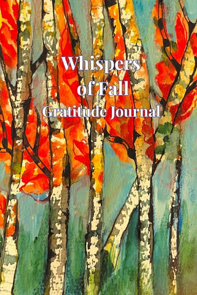 Whispers of Fall gratitude journal cover featuring colorful autumn tree artwork