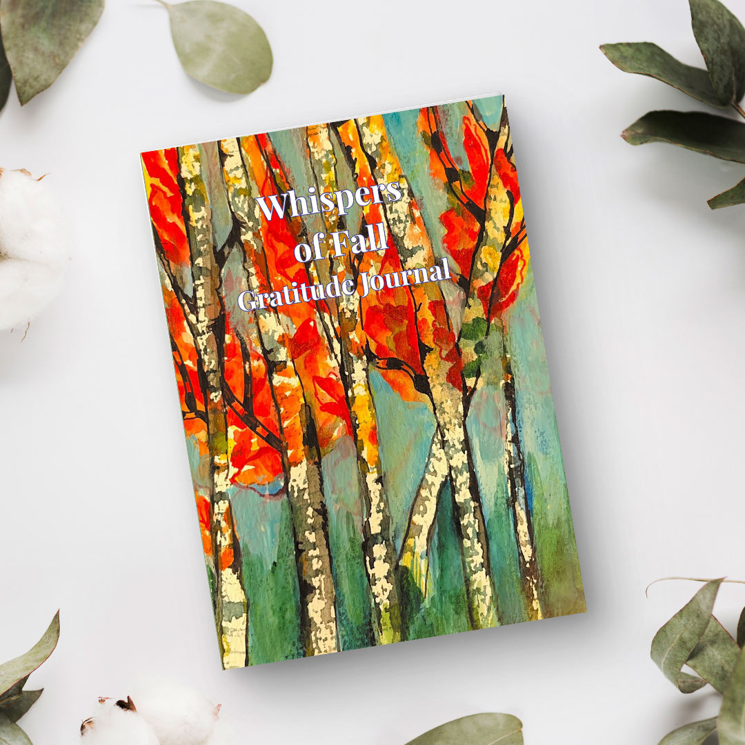 Whispers of Fall gratitude journal with autumn-inspired artwork in a soft flat lay setting with natural elements