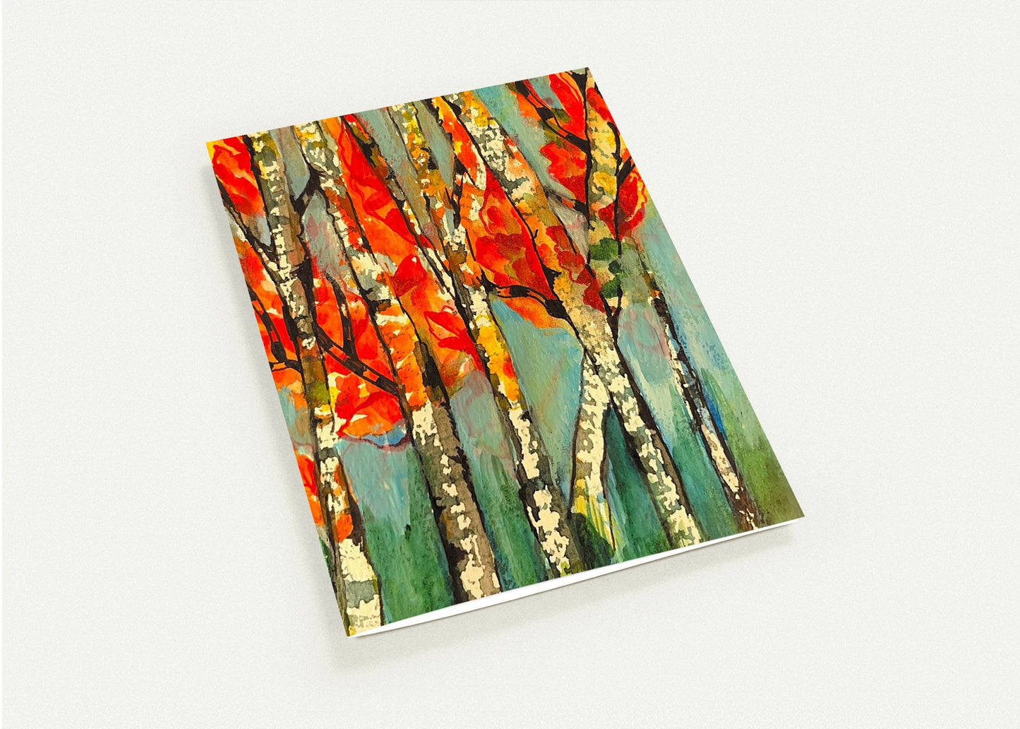 Whispers of Fall greeting card featuring vibrant autumn trees with warm orange and red leaves in an artistic nature painting