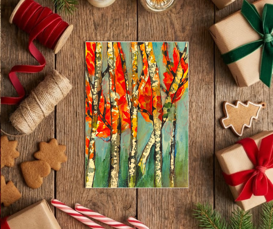 Whispers of Fall greeting card featuring vibrant autumn trees with orange and red leaves displayed on a wooden table with gift boxes and festive decorations