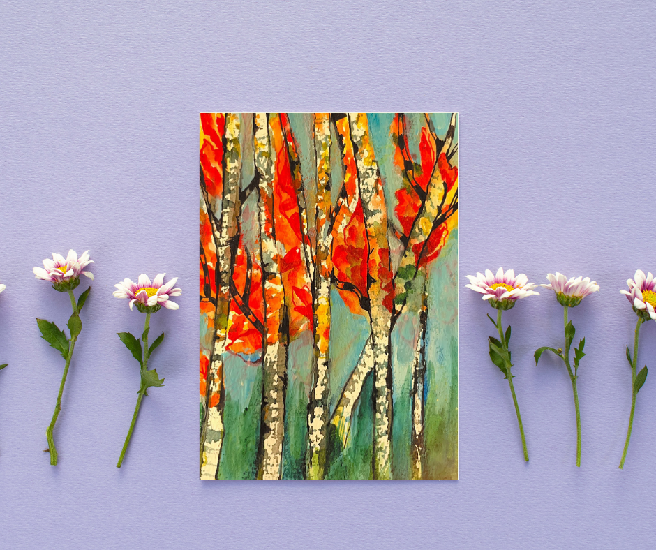 Whispers of Fall greeting card featuring vibrant autumn trees with orange and red leaves on a soft purple background with small flowers