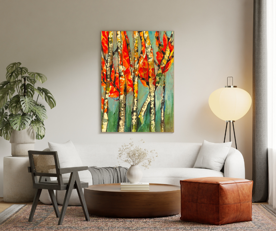 Autumn trees canvas wall art displayed above a sofa in a cozy modern living room