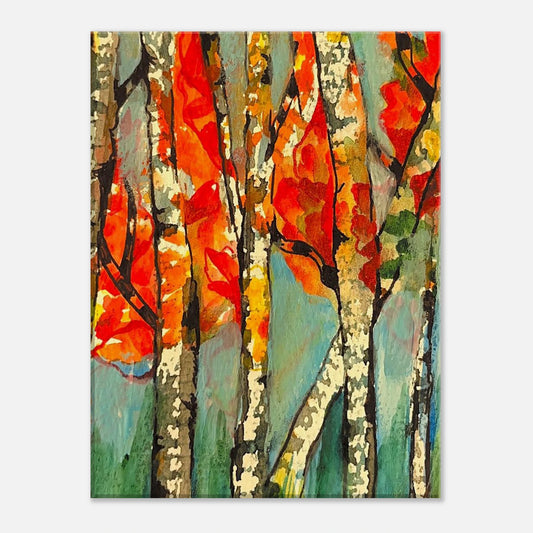 Autumn canvas wall art featuring warm fall colors, trees, and textured brushstrokes in a cozy nature-inspired landscape